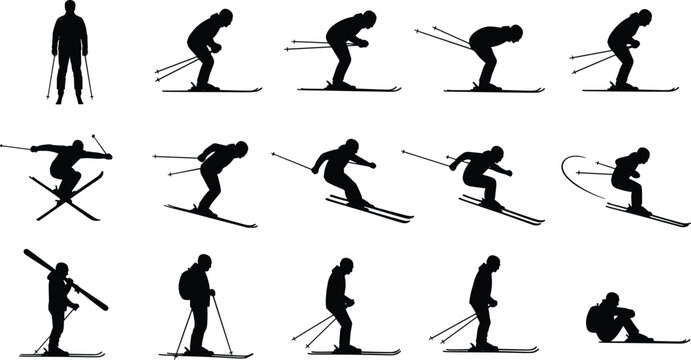 standing, descending, carving, jumping, and falling, ideal for sports and winter activity designs, vector illustration.