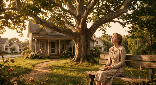 A quiet front yard with woman