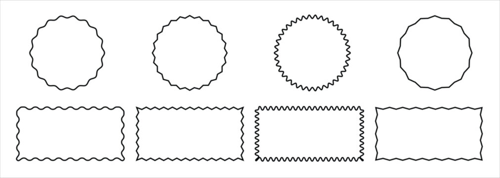 Set of circle and square frames with wavy and zigzag edges. Rectangular and round shapes with curvy and jagged borders isolated on white background. Vector graphic illustration