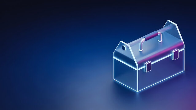 A glowing neon toolbox with a vibrant outline, isolated on a dark blue background. 3D rendered illustration.