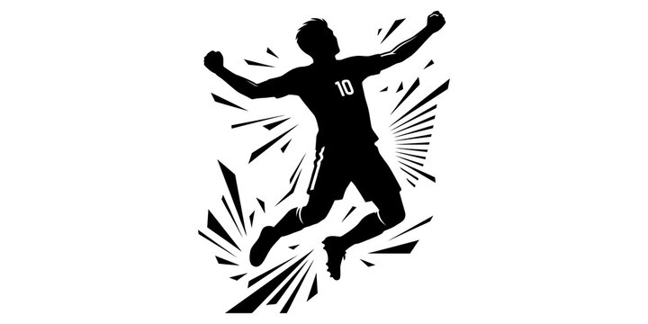 Dynamic black and white illustration of a triumphant sportsman leaping with exuberant joy after a victory