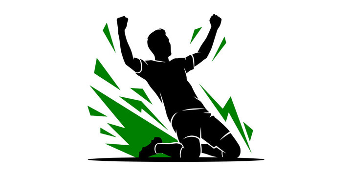 Celebrating a victorious goal with a triumphant pose on a dynamic green background