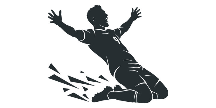 Dynamic silhouette of a male soccer player celebrating a triumphant goal with explosive energy and passion on the field