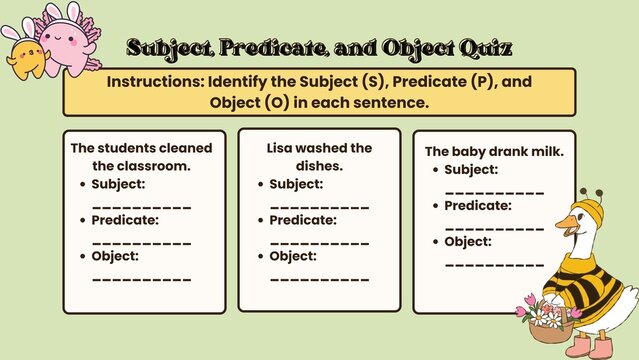 Subject Predicate Object Quiz A Fun Grammar Exercise for Students to Master Sentence Structure