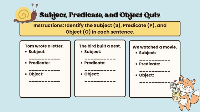 Engaging Educational Graphic Illustrating English Grammar Concepts with Interactive Quiz for Subject, Predicate, and Object Identification
