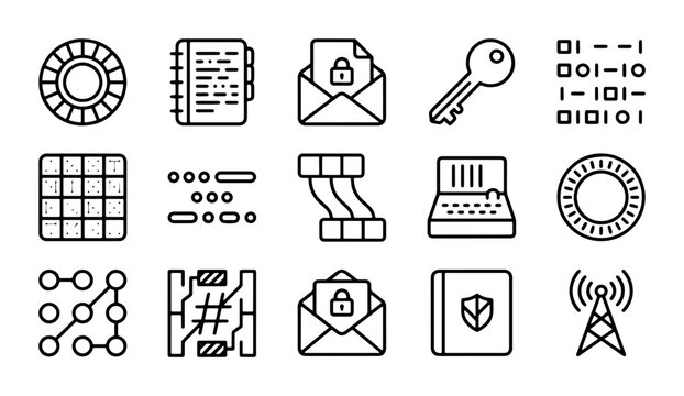 Cybersecurity Icons Set: Secure Data, Encryption, Access Control, Digital Privacy, Network Security