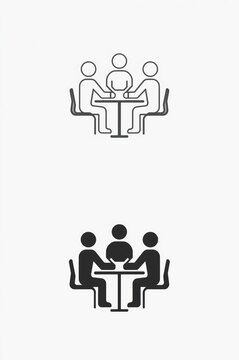 Three people sitting at a round table for a business meeting icon set in black and white line style