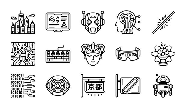 Futuristic Technology Icons Set, AI Robot, VR Goggles, Circuit Board, Binary Code, Data Analysis