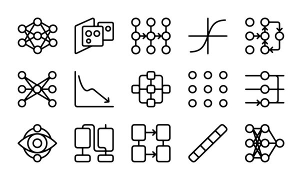 AI Neural Network Icons, Machine Learning Algorithms, Deep Learning Concepts, Data Science Vector Set