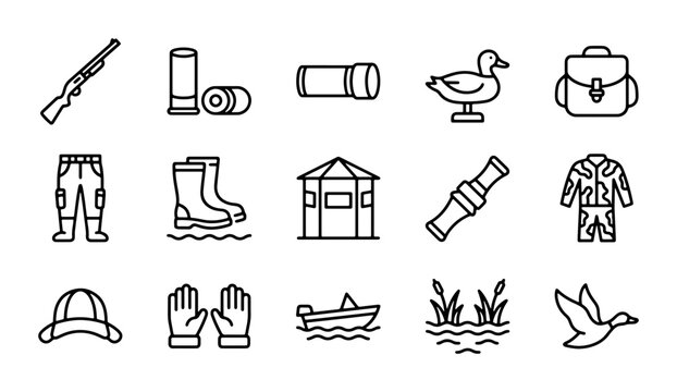 Hunting Icons Set: Shotgun, Ducks, Gear, and Boat Vector Graphics for Outdoor Pursuits