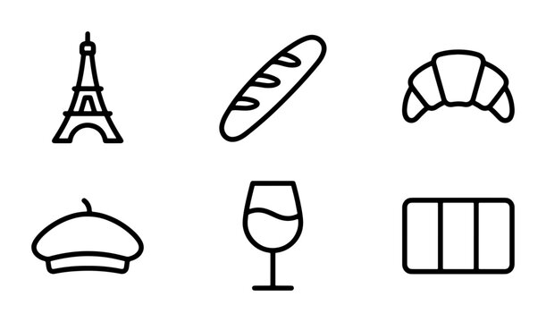 Parisian Icons: Eiffel Tower, Baguette, Croissant, Beret, Wine Glass, Macarons Vector Set