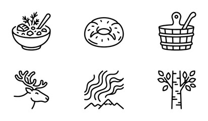 Nordic Icons Set: Reindeer, Birch Tree, Sauna Bucket, Soup, Bagel, Mountain Landscape Vector Graphics © Habibullah