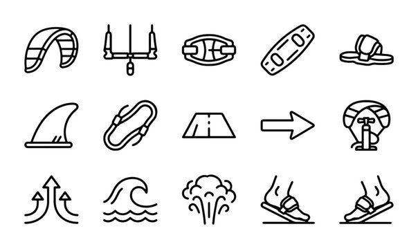 Kitesurfing Icons Set: Kite, Board, Bar, Fins, Wave, Pump, Vector Graphics