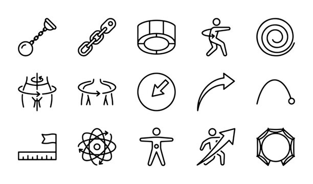 Physics and Science Icons: Motion, Energy, and Forces Vector Set