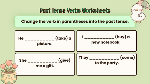 Interactive English Language Worksheet for Practicing Past Tense Verb Conjugation, Ideal for Students Learning Grammar Skills and Basic Sentence Structure