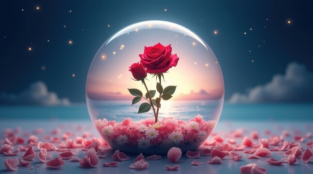 Beautiful red rose inside a magical glass dome with a sunset sky and falling flower petals on the ground