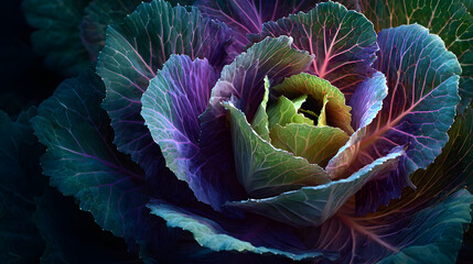 Obraz premium Colorful ornamental cabbage with layered ruffled leaves in vivid purple, green and blue tones, detailed veins and soft light highlighting texture and contrast, close up botanical still life