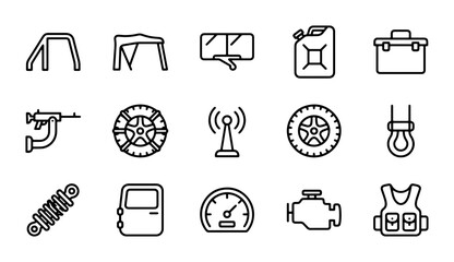 Automotive Off-Road Gear Icons, 4x4 Vehicle Accessories, Outdoor Adventure Equipment, Vector Set © Jannatul