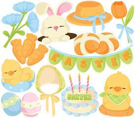 Fototapeta premium Pastel Cartoon Easter Clip Art Set with Bunny, Chicks, Eggs, Flowers and Banner
