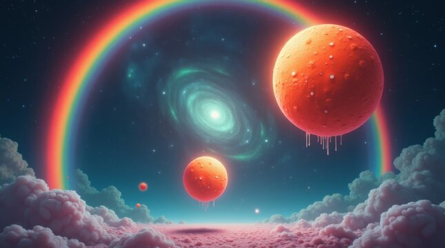Orange glowing planets floating in a surreal galaxy with a colorful rainbow and soft clouds in the dark sky