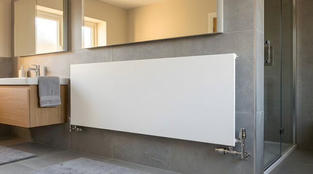 Modern White Flat Panel Radiator in Luxury Bathroom Interior | Minimalist Home Heating Solution on Gray Tiled Wall | Contemporary Bathroom Design with Wooden Vanity and Glass Shower Enclosure