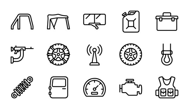 Automotive Off-Road Gear Icons, 4x4 Vehicle Accessories, Outdoor Adventure Equipment, Vector Set