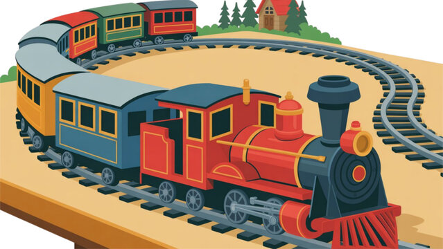 Colorful toy train set with red engine and green passenger cars on a track Vector