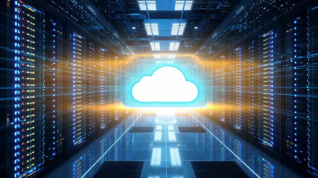 Cloud computing technology in modern data center with glowing lights