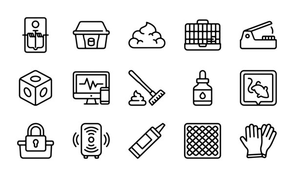 Pest Control Icons Set, Rodent Traps, Cleaning Supplies, Vector Graphics Collection