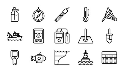 Oceanography Icons Set: Marine Science, Research, Navigation, Measurement Tools, Vessels © Popy