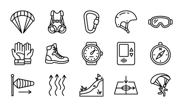 Extreme Sports Equipment Icons, Adventure Gear Vector Set, Paragliding and Climbing Essentials