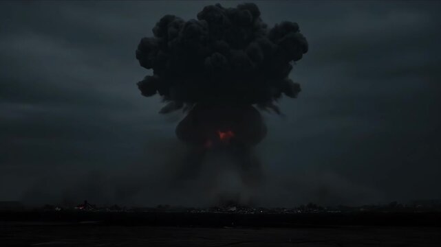 A huge exploding mushroom cloud rising scene, shocking the mushroom cloud explosion moment