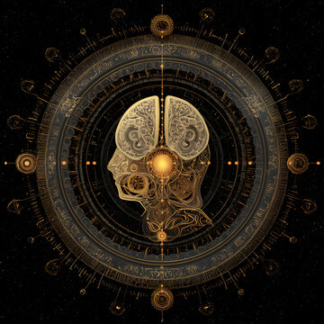 Golden ornate skull with exposed brain halves and central glowing pineal inspired orb, intricate mechanical and celestial ring motifs conveying circadian rhythm, sleep wake symbolism and inner