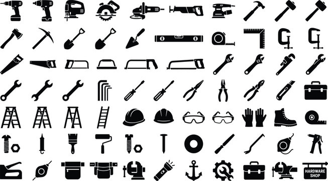 Black Hardware Shop Hand Tool Icon Set Axe Shovel Saw Wrench Hammer Ladder Helmet Gloves Vector Illustration Collection