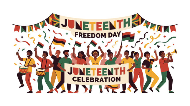 Juneteenth Celebration: Freedom Day Banner, People Dancing, Flags, Confetti