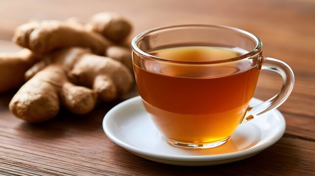 A clear glass mug of warm amber tea sits on a wooden surface alongside fresh ginger roots evoking a feeling of comfort and natural wellness
