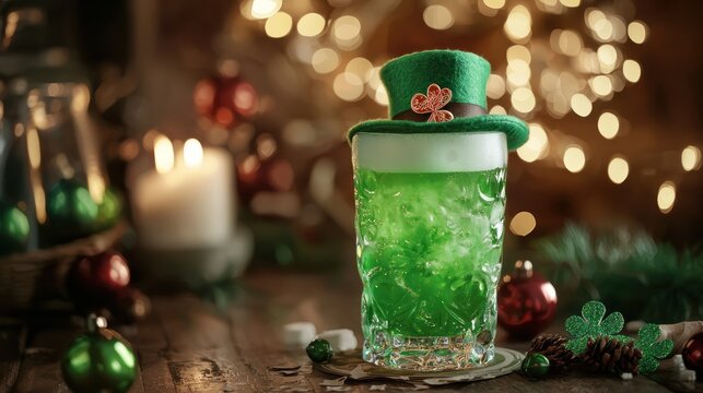 A green cocktail glass topped with a miniature green top hat adorned with a shamrock. The drink is a vibrant green color and has a frothy, bubbly appearance.