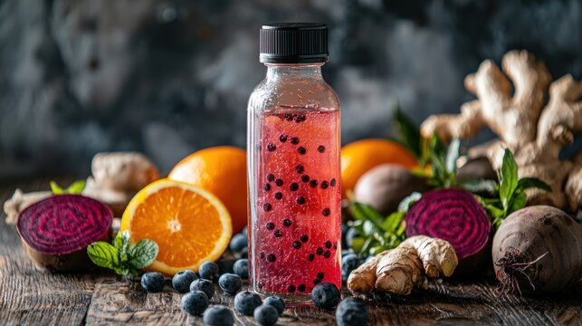 A bottle of vibrant pink beetroot juice sits on a rustic wooden table, surrounded by fresh ingredients. The juice contains black chia seeds.