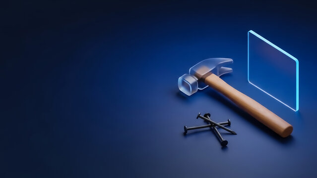 A hammer and scattered nails on a dark blue background with a glowing digital screen icon, symbolizing construction and technology.