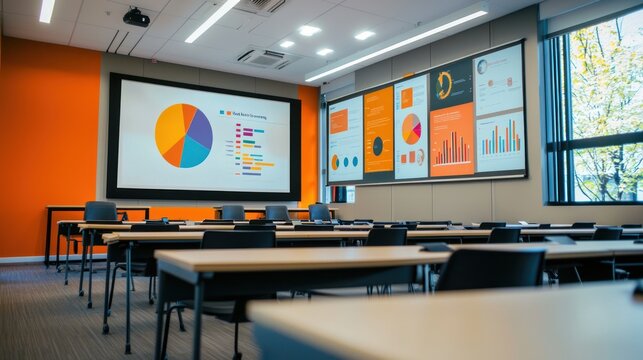 A brightly lit conference room features rows of dark chairs arranged around tables. A large projection screen displays a colorful pie chart and other data visualizations.