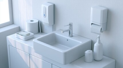 Fototapeta premium Modern sterile hygiene washing environment. Hygienic practice zone with bright efficient fixtures. Contemporary sterile sanitation station designed for with professional cleanliness standards