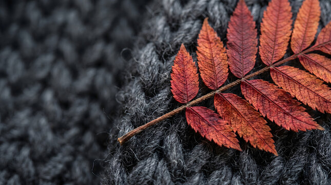 Сolorful autumn sumac leaf on a dark charcoal gray chunky knit wool blanket, Tactile seasonal background