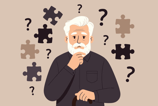 Senior man with white hair looking confused while surrounded by floating puzzle pieces and question marks representing memory loss.