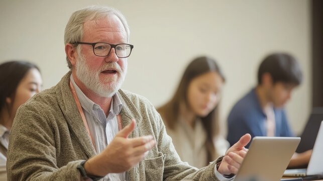 An older man with gray hair and glasses gestures emphatically while speaking to a group of students in a classroom. He wears a gray sweater and is pointing with his hands.