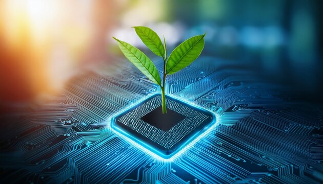 supper technology concept glowing plant growing on computer chip representing digital ecology business and blurred background