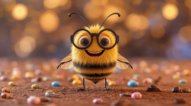 Cute little bumblebee wearing round glasses standing on a brown surface with glowing golden bokeh