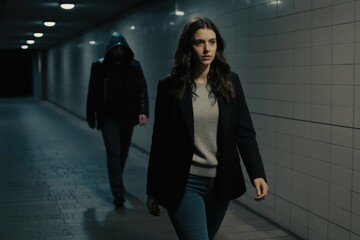 Fototapeta premium Woman walks through dark underpass at night. Man with hood follows closely behind. She appears aware and concerned about her surroundings and the person trailing her.
