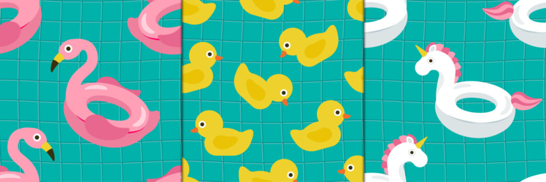 Fun summer seamless pattern set featuring flamingo float, rubber duck, and unicorn on swimming pool tile backgrounds. Perfect for fabric, wallpaper, stationery, kids products, and summer branding.