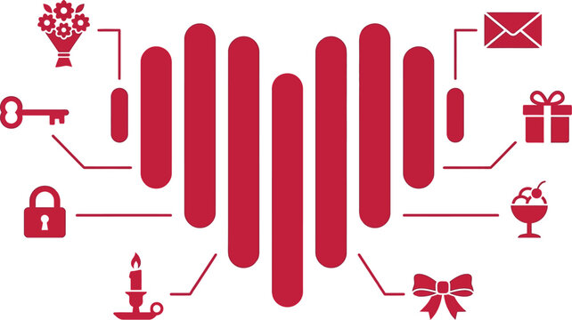 Heart shape composed of vertical bars acts as a connector for multiple love-themed icons.