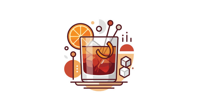 Refreshing Cocktail Drink with Orange Slice and Ice Cubes, Flat Design Illustration